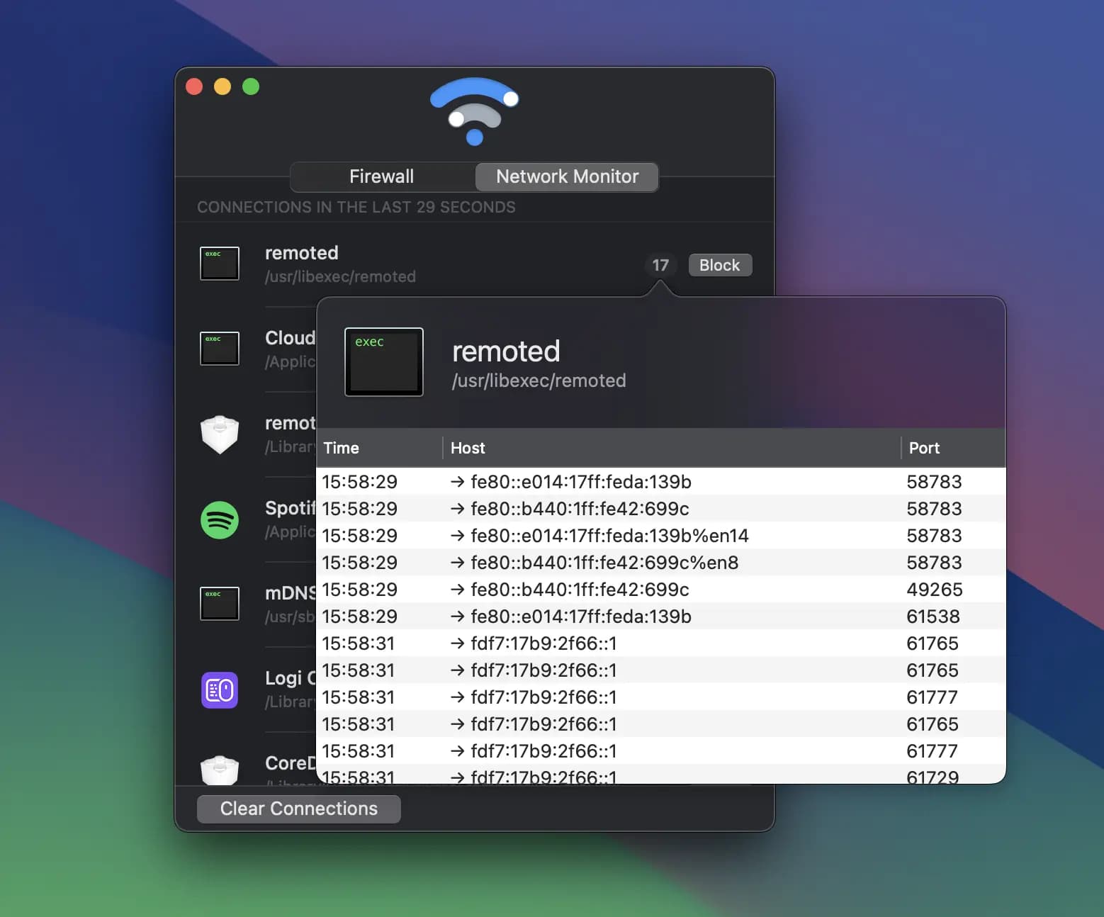 Radio Silence network monitor on Mac