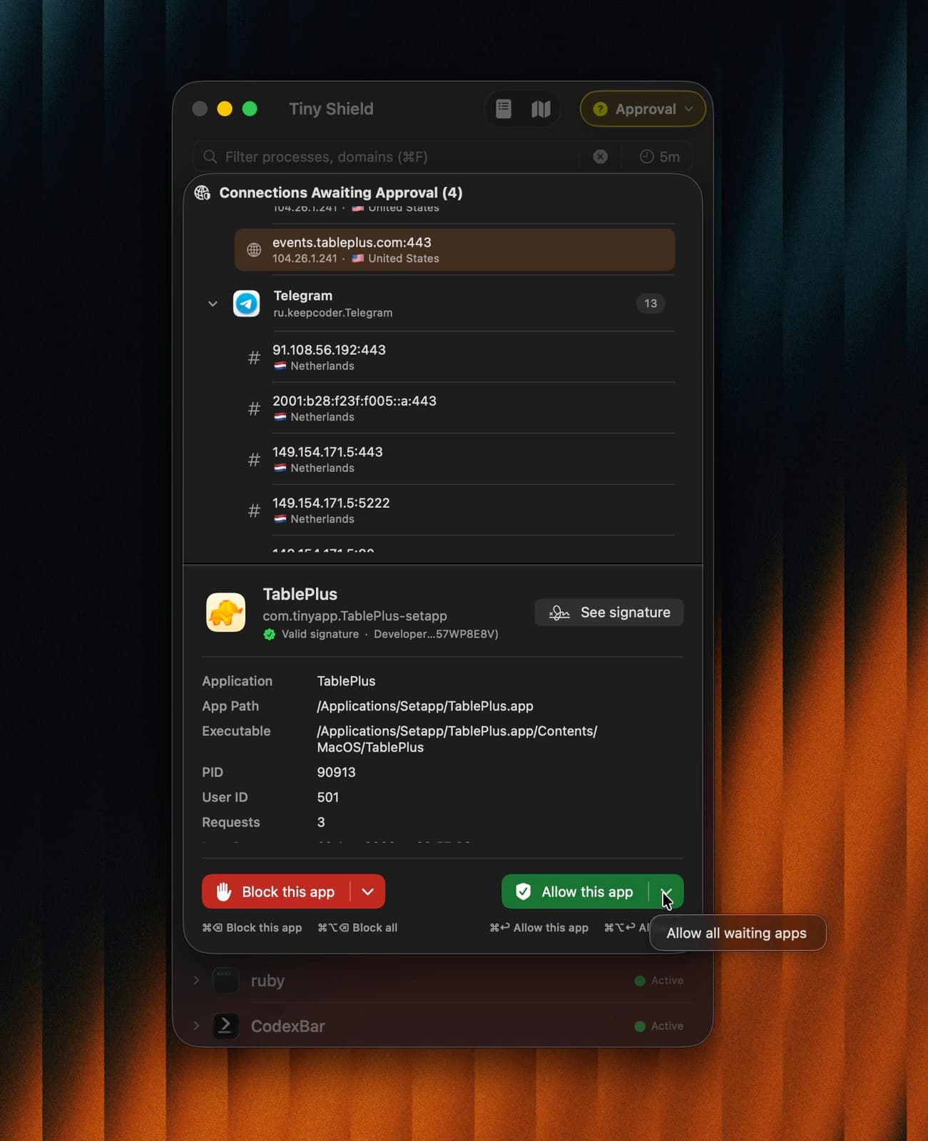 TinyShield Require Approval window for a new app